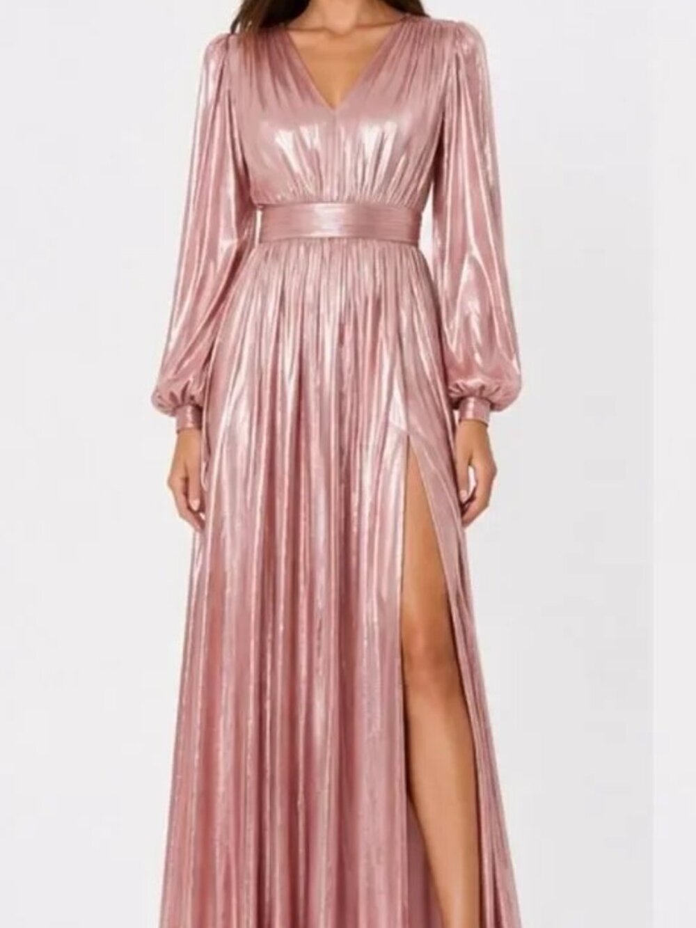 ✨ Bronx and Banco "Zoe" Metallic Lamé Maxi Gown in Pink / Blush Size S✨
